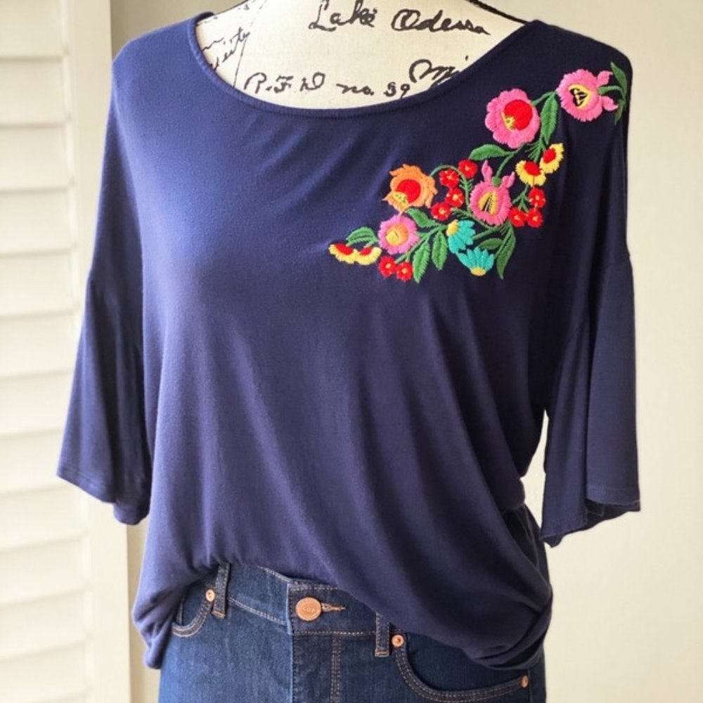 Anthro W5 Navy Embroidered Floral Tee